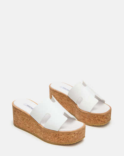 HARMONY White Leather Wedge Mule Cork Platform Women's Sandal | Steve Madden