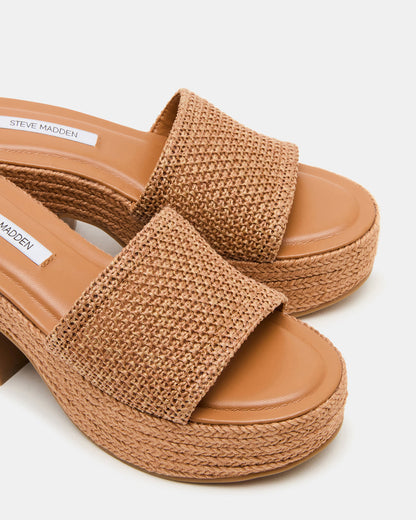 TRIPPY Cognac Raffia Platform Mule Women's Sandal | Steve Madden