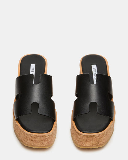 HARMONY Black Leather Wedge Mule Cork Platform Women's Sandal | Steve Madden