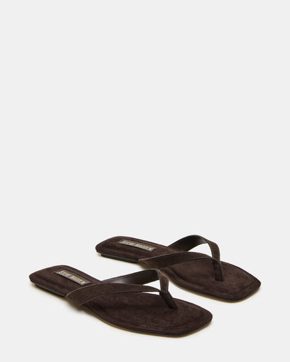 TRELLA Brown Suede Square-Toe Thong Women's Sandal | Steve Madden