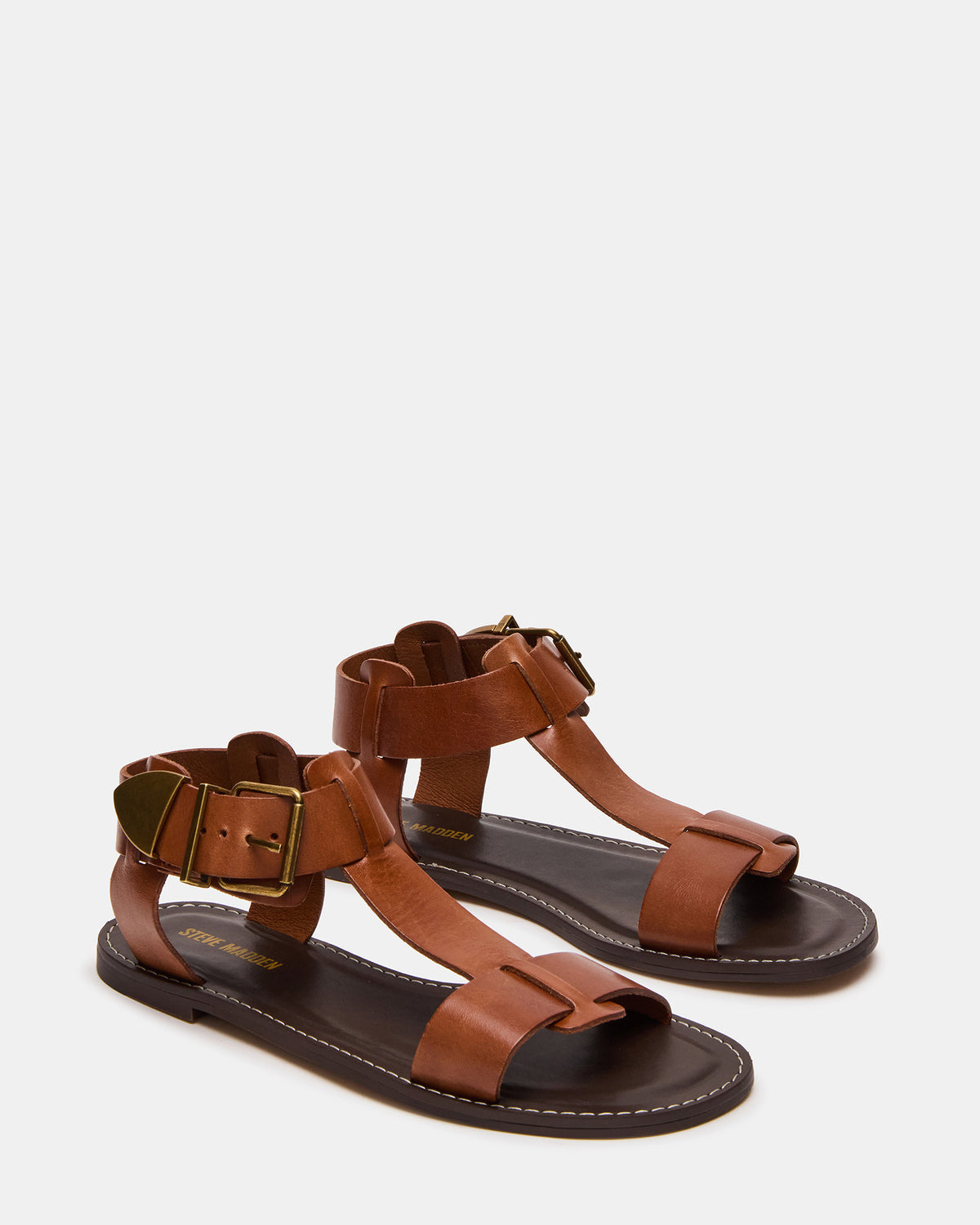 BRAZINN Tan Leather Strappy Flat Sandal Women's Sandal | Steve Madden