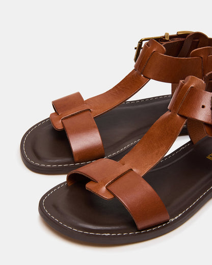 BRAZINN Tan Leather Strappy Flat Sandal Women's Sandal | Steve Madden