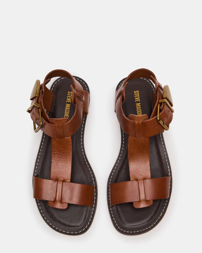 BRAZINN Tan Leather Strappy Flat Sandal Women's Sandal | Steve Madden