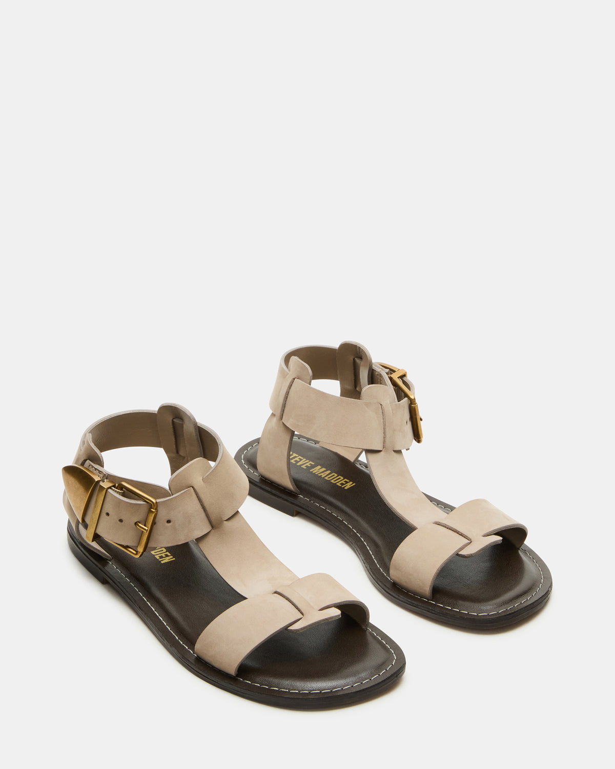BRAZINN Taupe Nubuck Strappy Flat Sandal Women's Sandal | Steve Madden