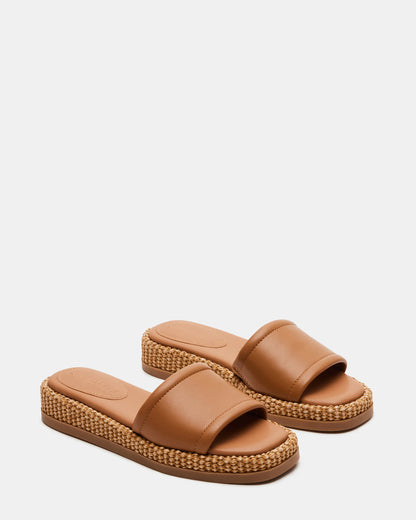 BOARDWALK Tan Leather Women's Raffia Slides | Steve Madden