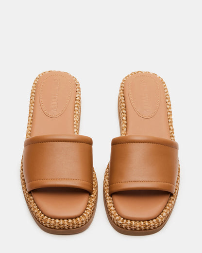BOARDWALK Tan Leather Women's Raffia Slides | Steve Madden