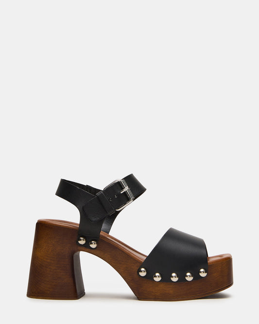 JEMMA Black Leather Square-Toe Wood Bottom Block Heel Women's Sandal | Steve Madden