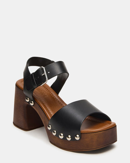 JEMMA Black Leather Square-Toe Wood Bottom Block Heel Women's Sandal | Steve Madden