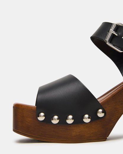 JEMMA Black Leather Square-Toe Wood Bottom Block Heel Women's Sandal | Steve Madden