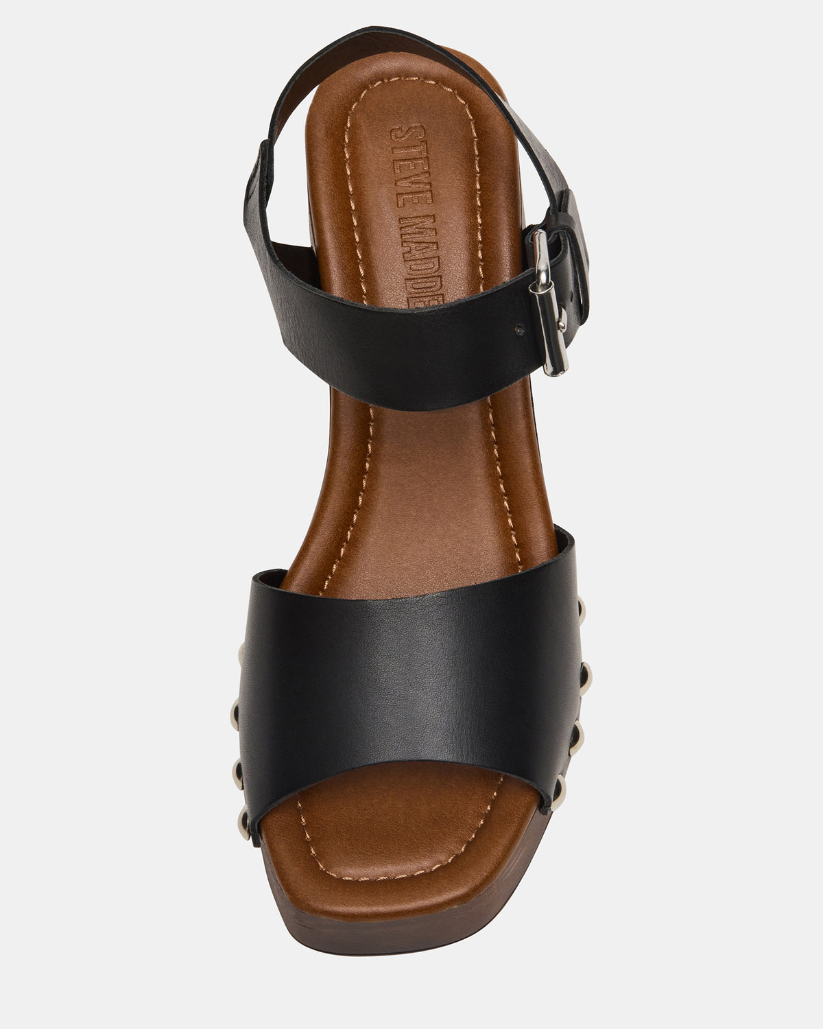 JEMMA Black Leather Square-Toe Wood Bottom Block Heel Women's Sandal | Steve Madden