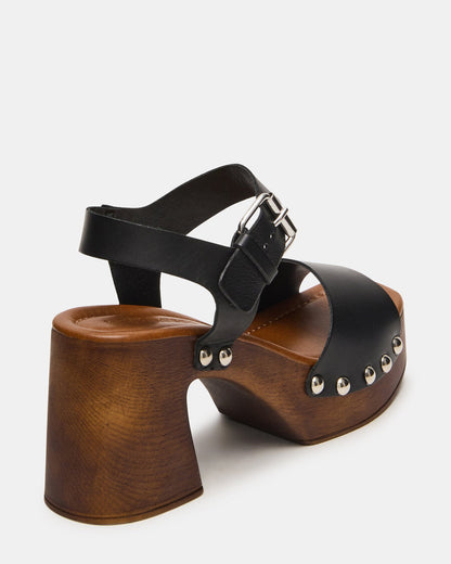 JEMMA Black Leather Square-Toe Wood Bottom Block Heel Women's Sandal | Steve Madden