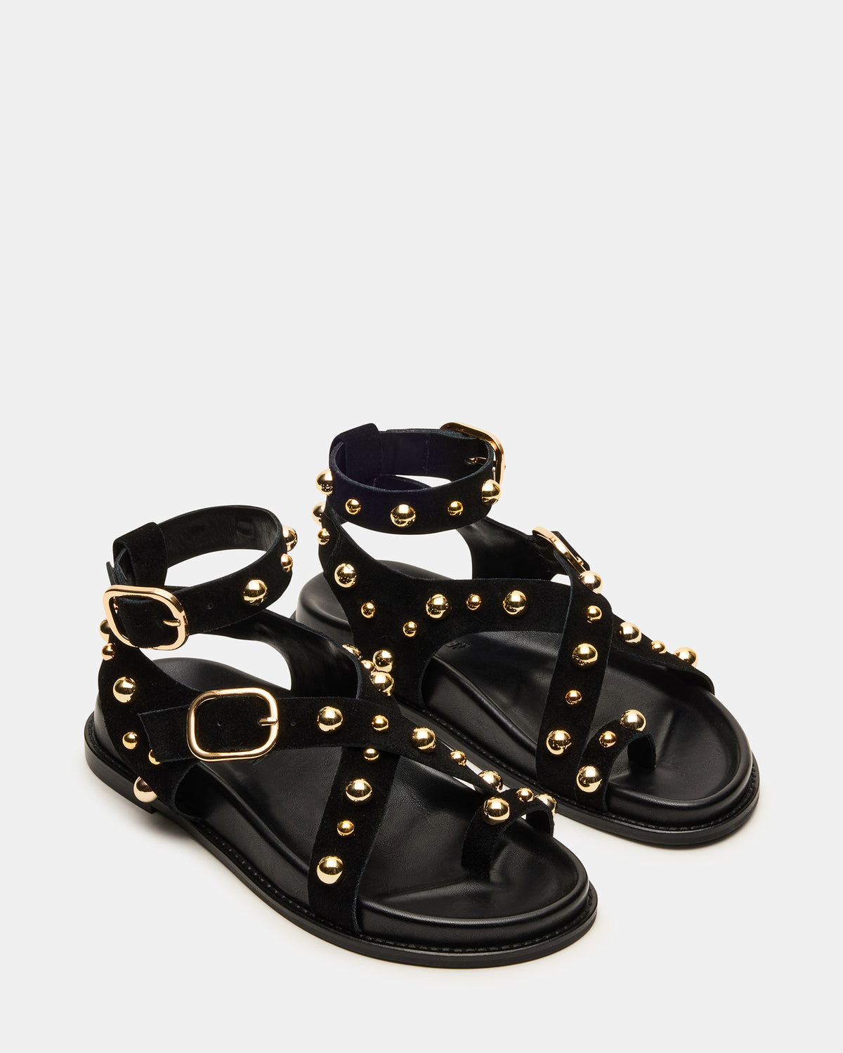 LINEAR Black Suede Strappy Footbed Studded Women's Sandal | Steve Madden