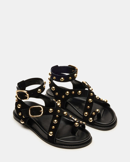 LINEAR Black Suede Strappy Footbed Studded Women's Sandal | Steve Madden