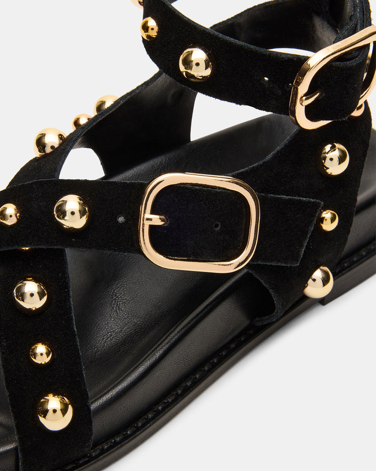 LINEAR Black Suede Strappy Footbed Studded Women's Sandal | Steve Madden
