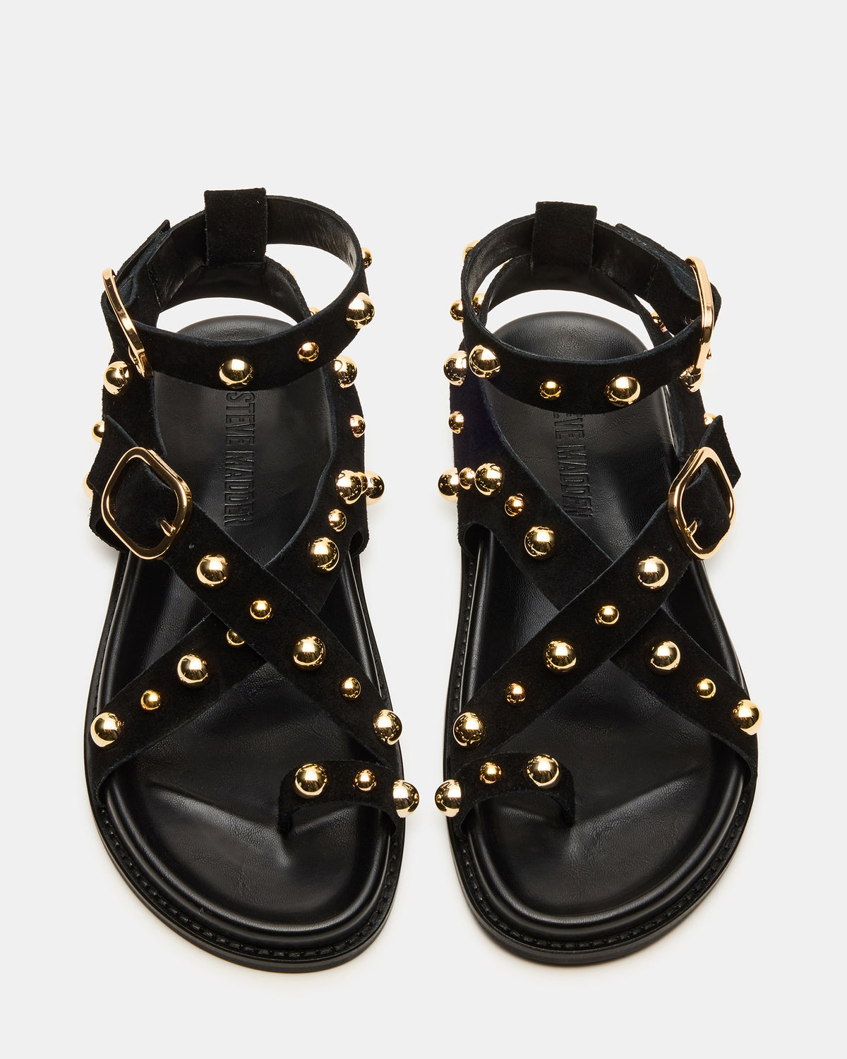 LINEAR Black Suede Strappy Footbed Studded Women's Sandal | Steve Madden