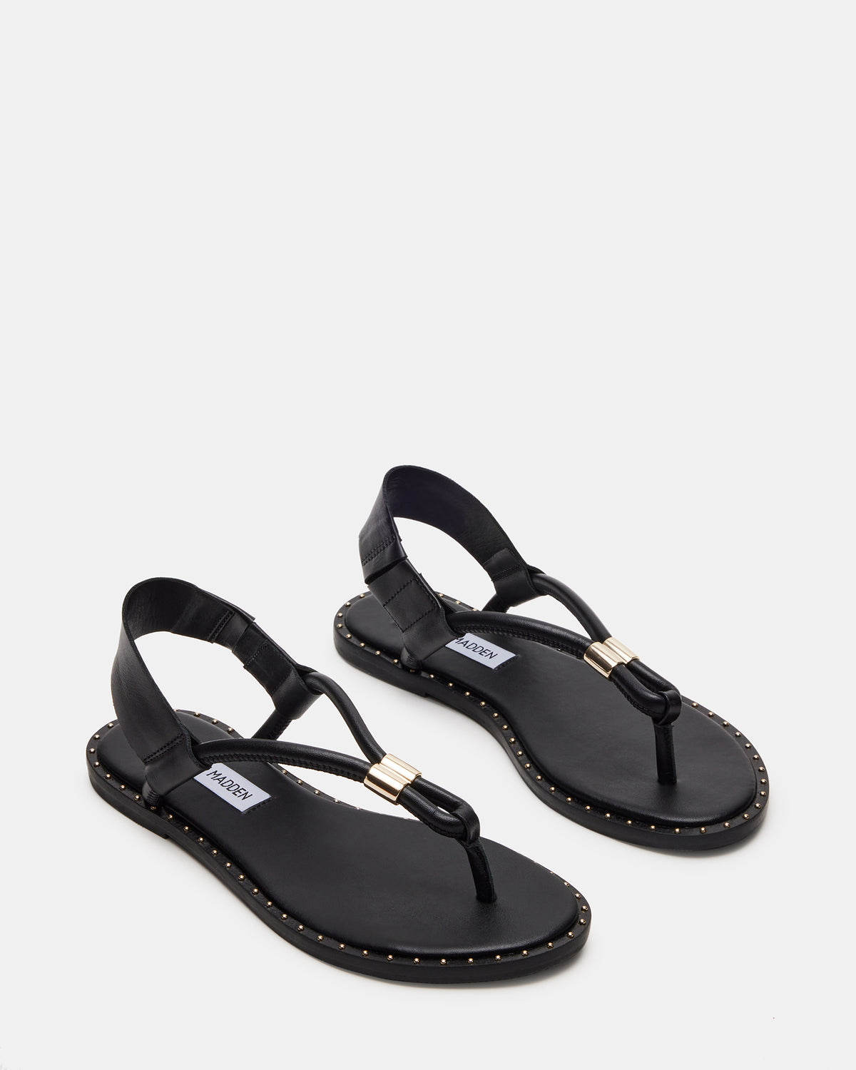MEDUZA Black Leather Women's Studded Thong Sandal | Steve Madden