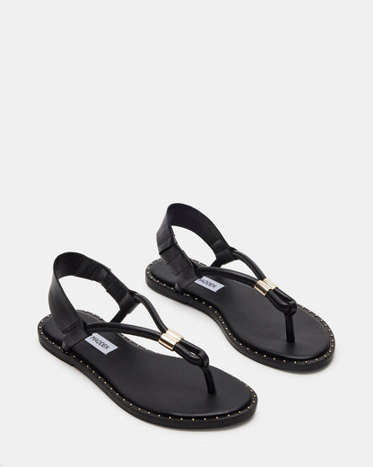 MEDUZA Black Leather Women's Studded Thong Sandal | Steve Madden