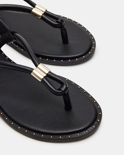 MEDUZA Black Leather Women's Studded Thong Sandal | Steve Madden