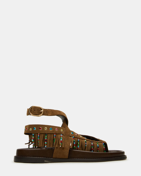 WENDELL Chestnut Suede Beaded Flatform Footbed Strappy Fringe Women's Sandal | Steve Madden