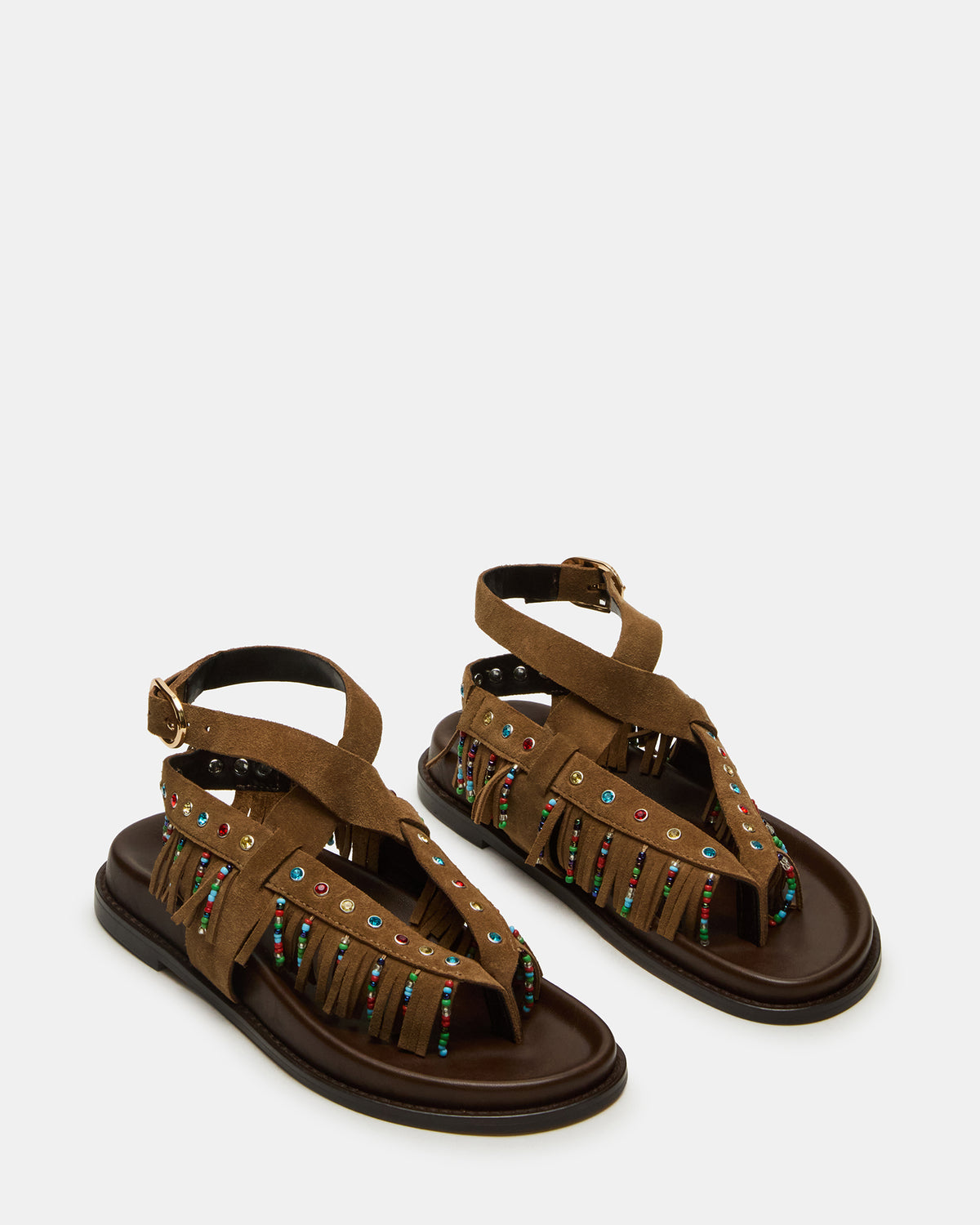WENDELL Chestnut Suede Beaded Flatform Footbed Strappy Fringe Women's Sandal | Steve Madden