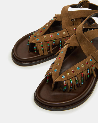 WENDELL Chestnut Suede Beaded Flatform Footbed Strappy Fringe Women's Sandal | Steve Madden