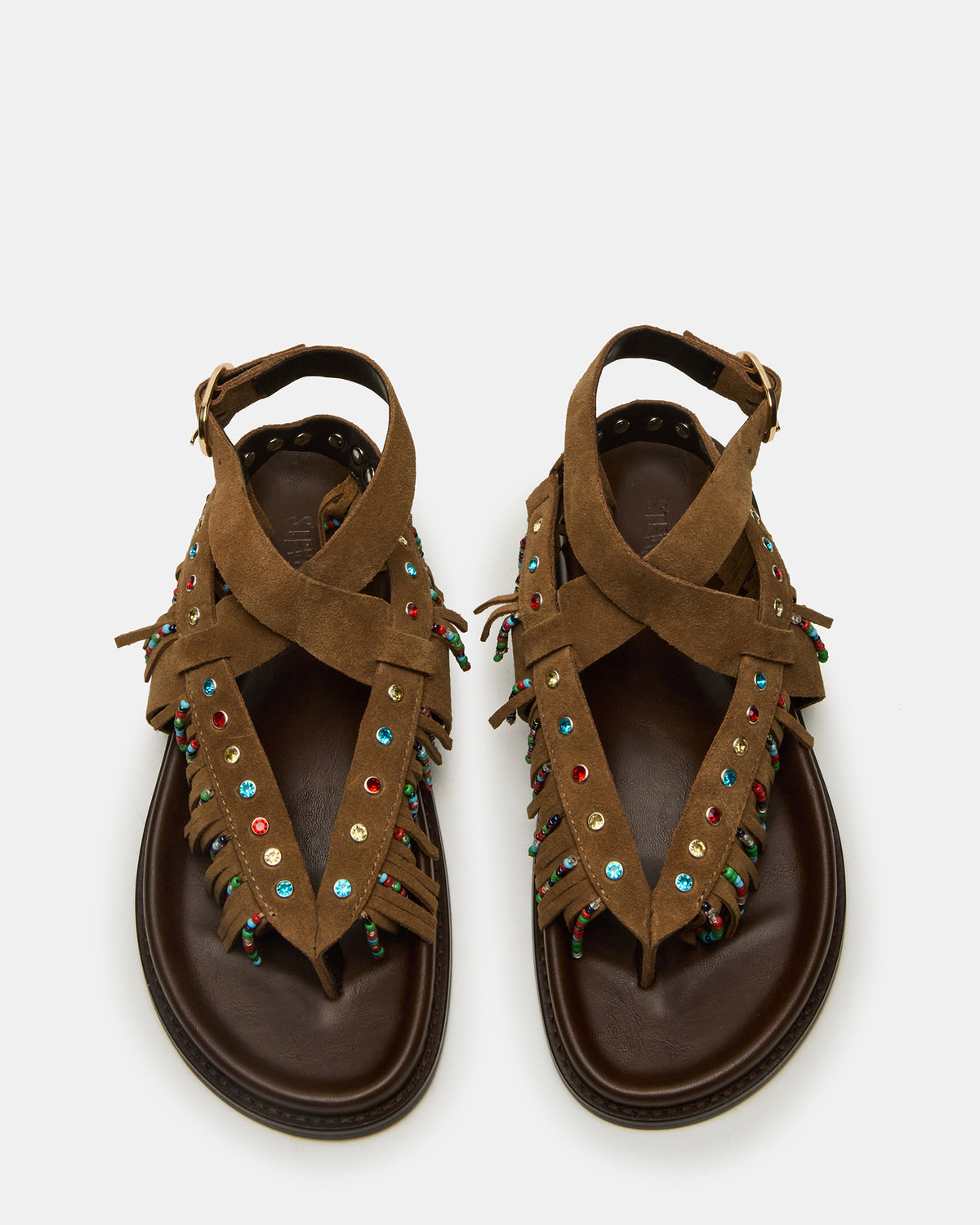 WENDELL Chestnut Suede Beaded Flatform Footbed Strappy Fringe Women's Sandal | Steve Madden
