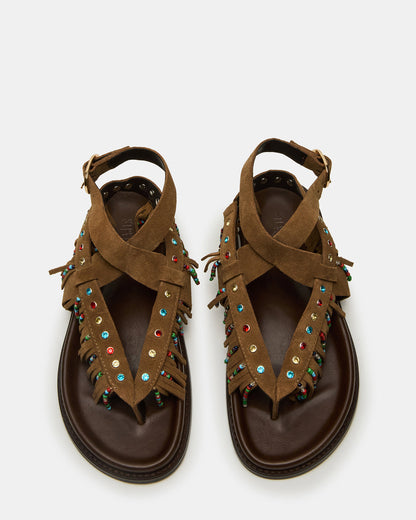 WENDELL Chestnut Suede Beaded Flatform Footbed Strappy Fringe Women's Sandal | Steve Madden