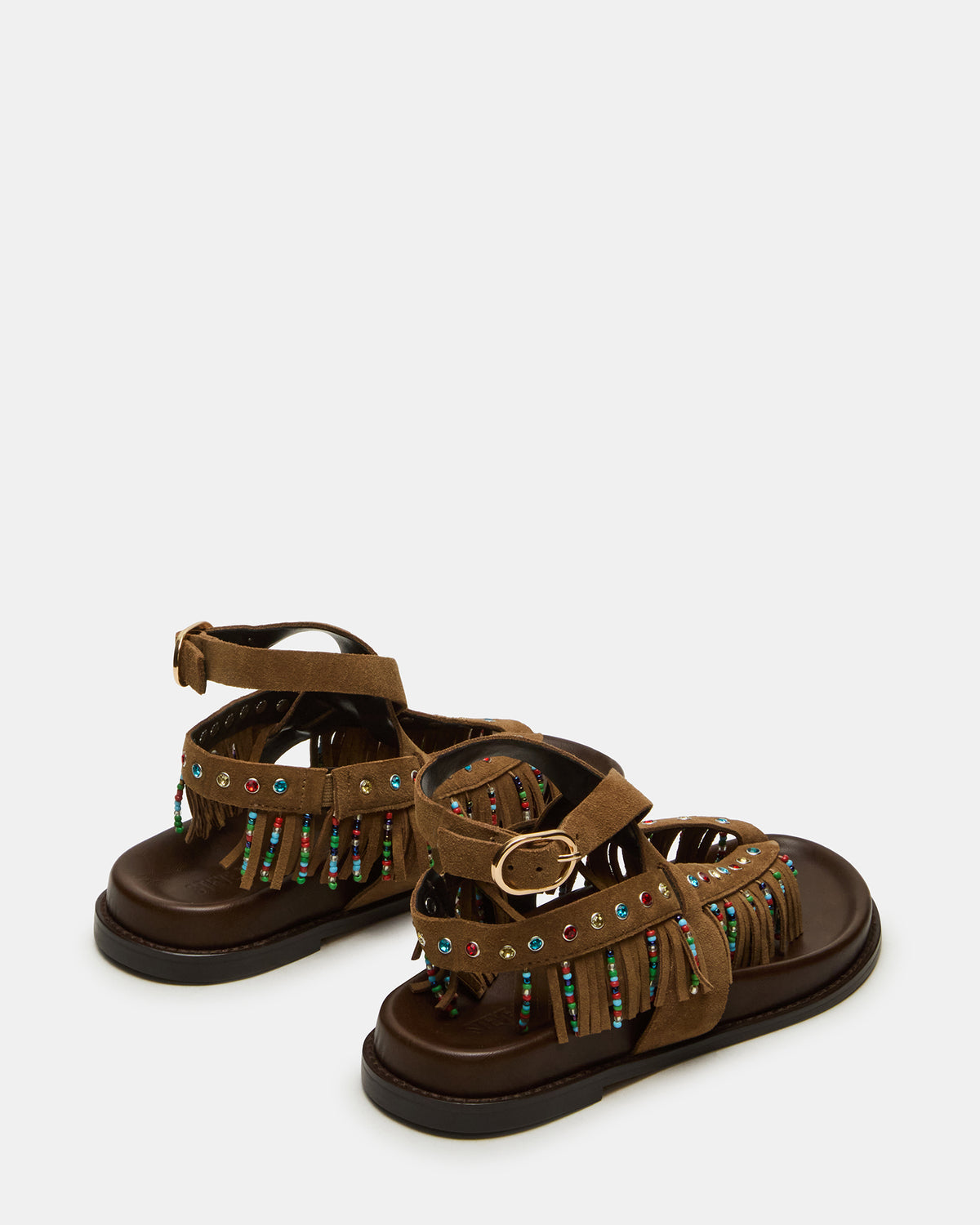 WENDELL Chestnut Suede Beaded Flatform Footbed Strappy Fringe Women's Sandal | Steve Madden