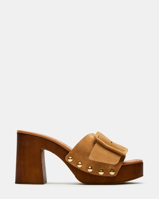 MARLENA Sand Suede Women's Wood Bottom Mule Platform Heel | Steve Madden