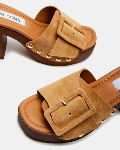 MARLENA Sand Suede Women's Wood Bottom Mule Platform Heel | Steve Madden