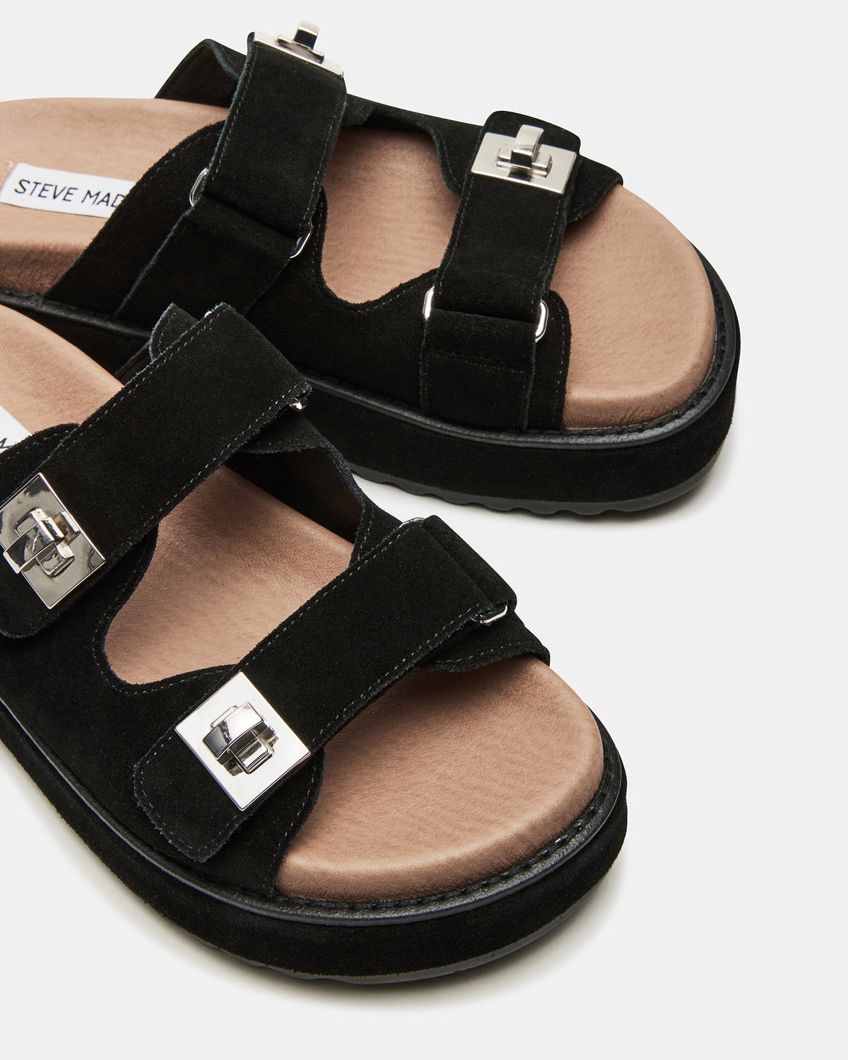 BIGSCHMONA Black/Black Suede Women's Platform Slide Sandal | Steve Madden
