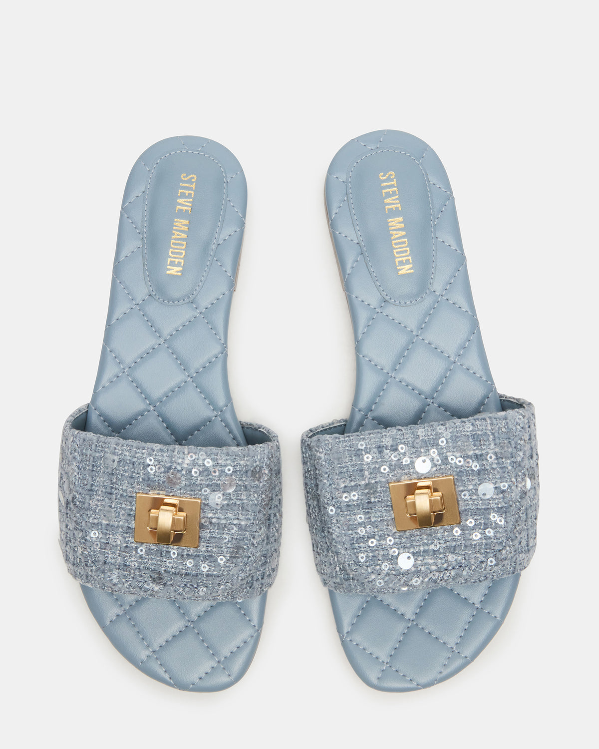 MORELAND Sequin Blue Quilted Slide Women's Sandal | Steve Madden