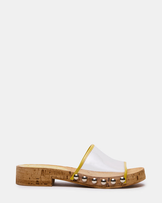 CLEMENT Yellow Wood Bottom Slide Mule Studded Women's Sandal | Steve Madden