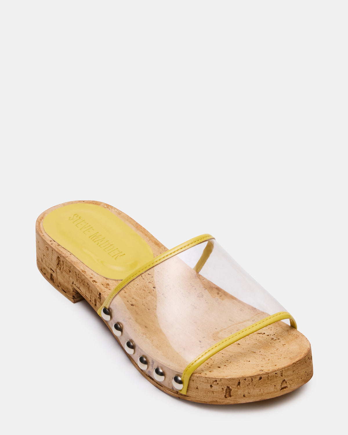 CLEMENT Yellow Wood Bottom Slide Mule Studded Women's Sandal | Steve Madden