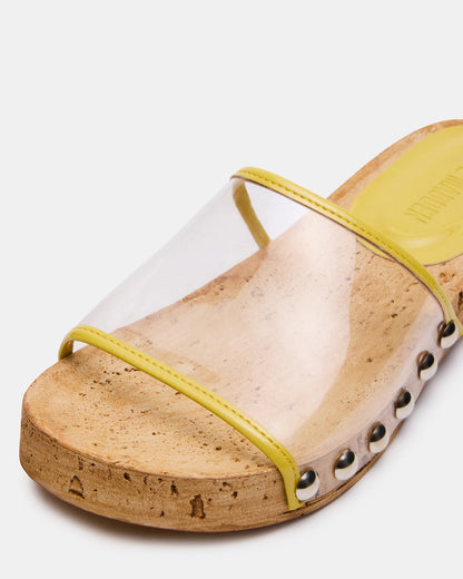 CLEMENT Yellow Wood Bottom Slide Mule Studded Women's Sandal | Steve Madden