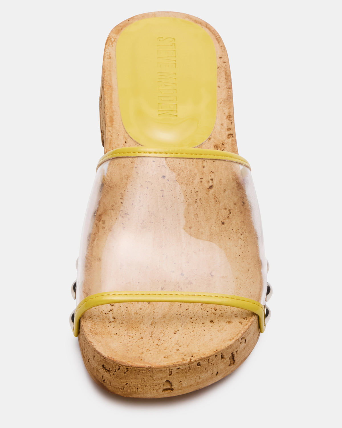 CLEMENT Yellow Wood Bottom Slide Mule Studded Women's Sandal | Steve Madden