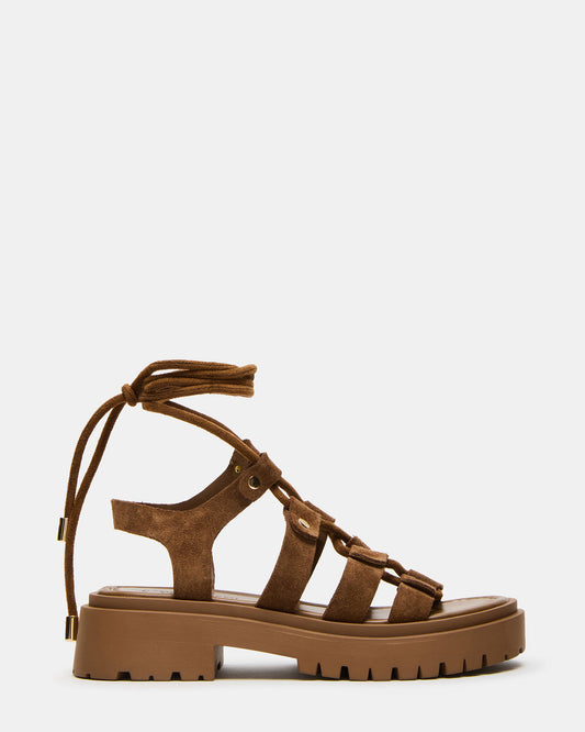 LYRIAN Cognac Suede Platform Lace-Up Strappy Women's Sandal | Steve Madden