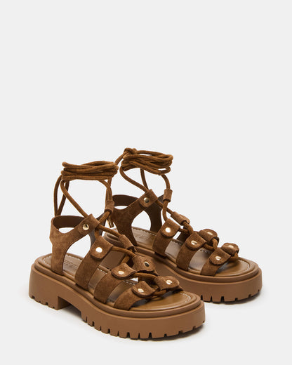 LYRIAN Cognac Suede Platform Lace-Up Strappy Women's Sandal | Steve Madden
