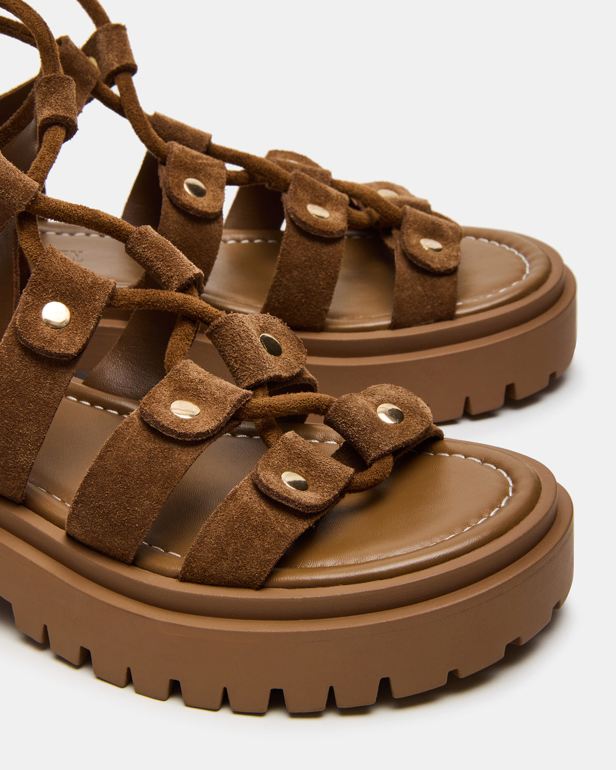 LYRIAN Cognac Suede Platform Lace-Up Strappy Women's Sandal | Steve Madden