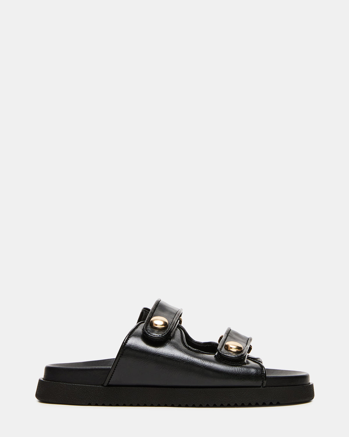 ATHENS Black Leather Slide Footbed Flatform Women's Sandal | Steve Madden