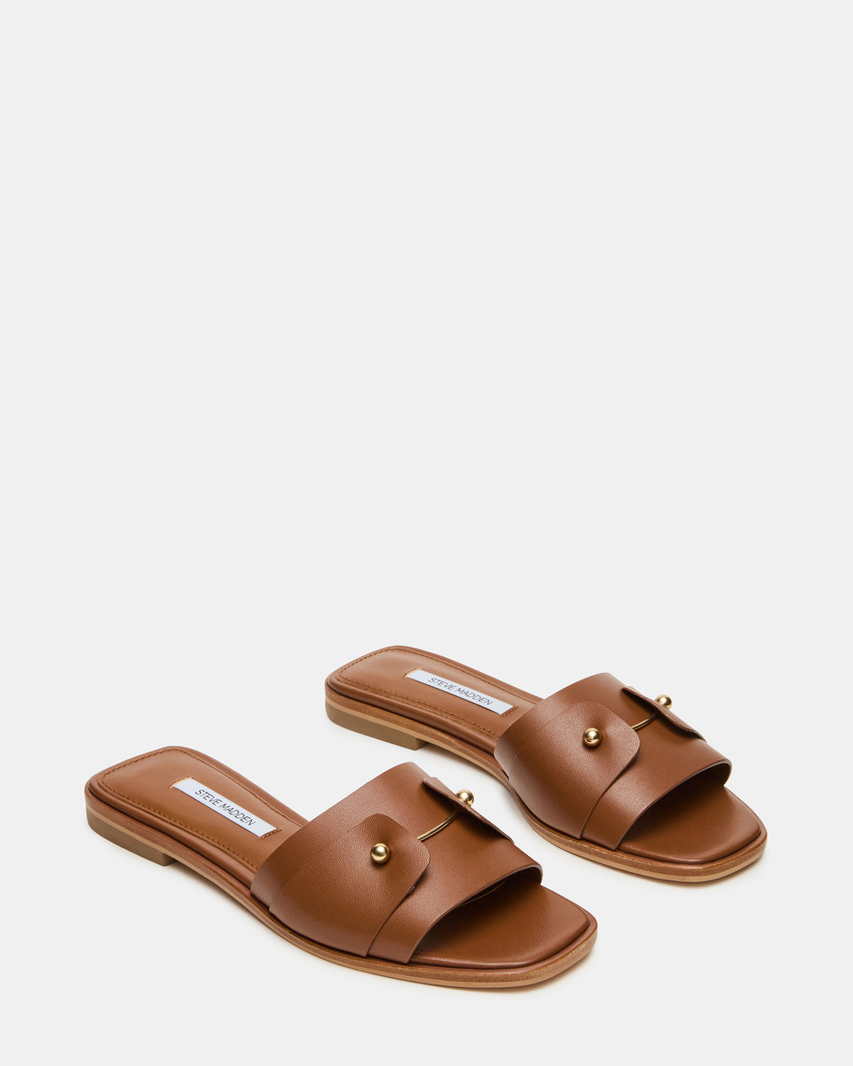 HASTEN Brown Leather Gold Detail Slide Women's Sandal | Steve Madden