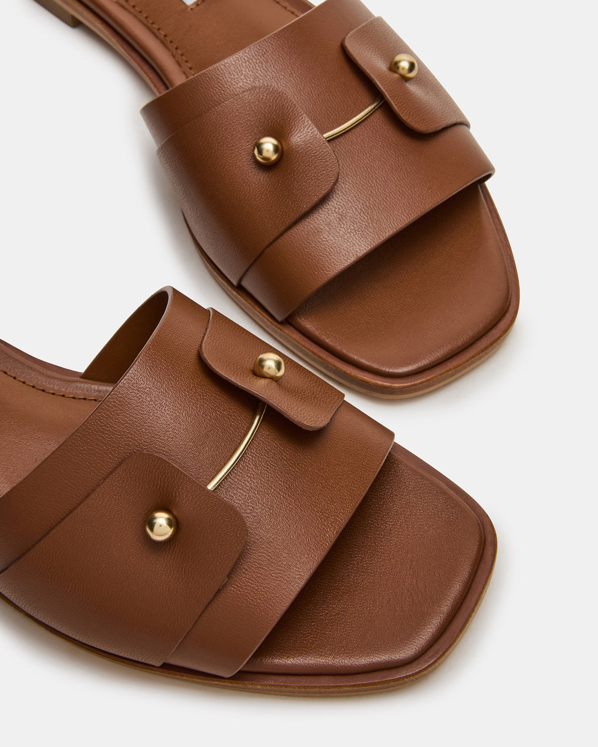 HASTEN Brown Leather Gold Detail Slide Women's Sandal | Steve Madden