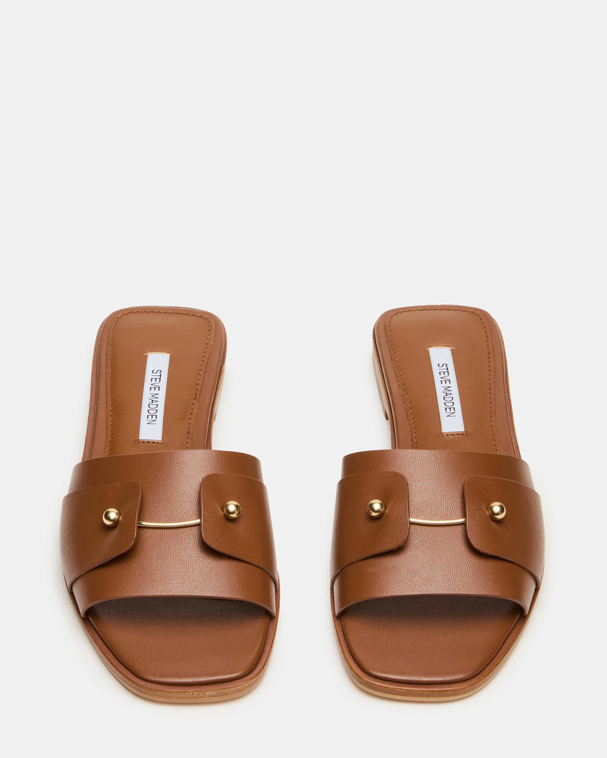 HASTEN Brown Leather Gold Detail Slide Women's Sandal | Steve Madden