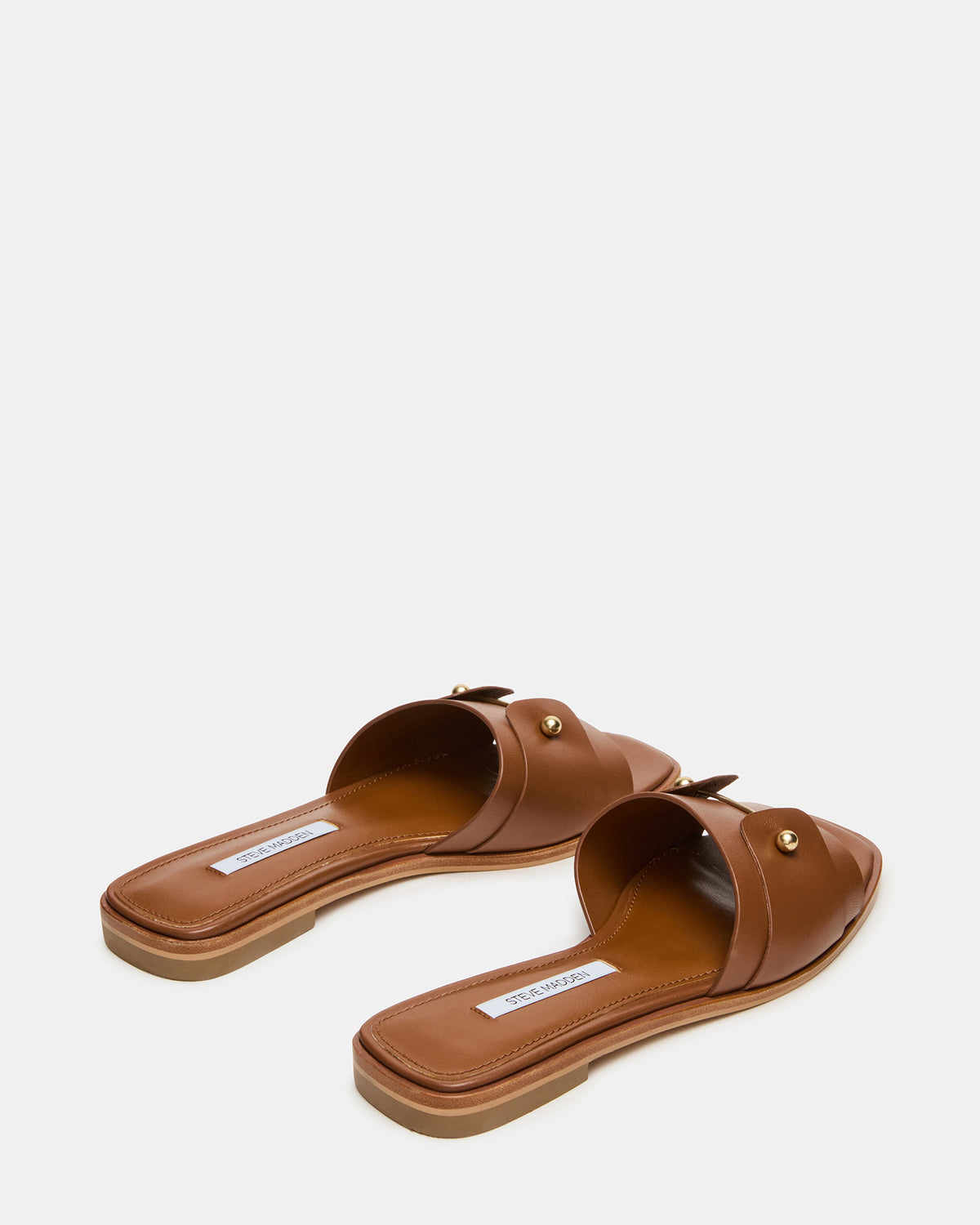 HASTEN Brown Leather Gold Detail Slide Women's Sandal | Steve Madden