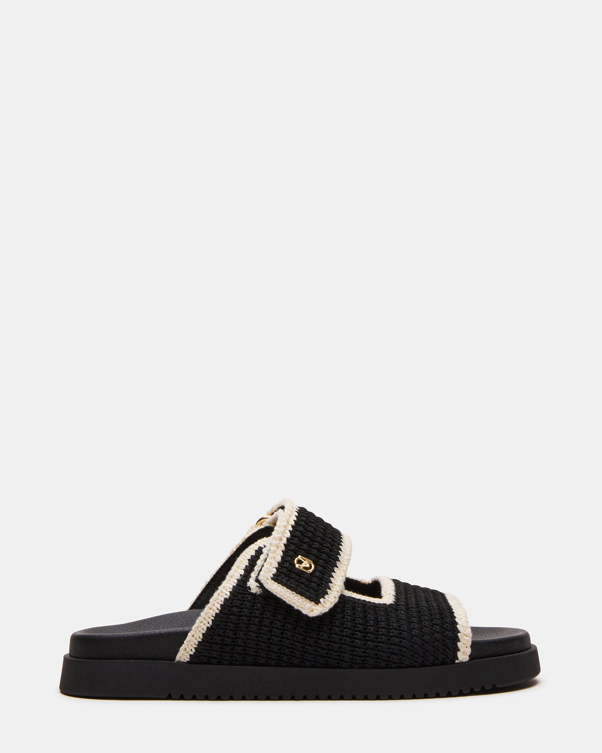 MAYSIE Black Multi Woven Flatform Footbed Slide Women's Sandal | Steve Madden