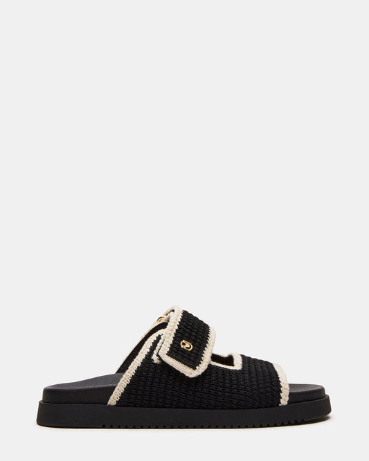 MAYSIE Black Multi Woven Flatform Footbed Slide Women's Sandal | Steve Madden