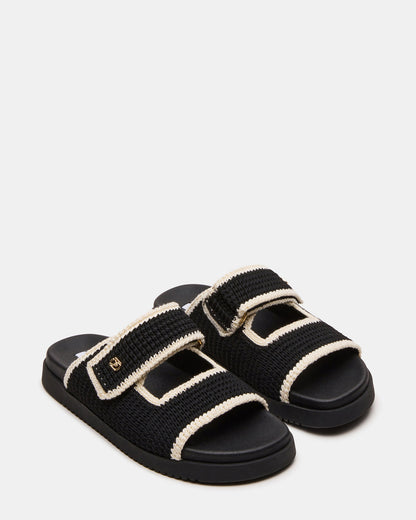 MAYSIE Black Multi Woven Flatform Footbed Slide Women's Sandal | Steve Madden