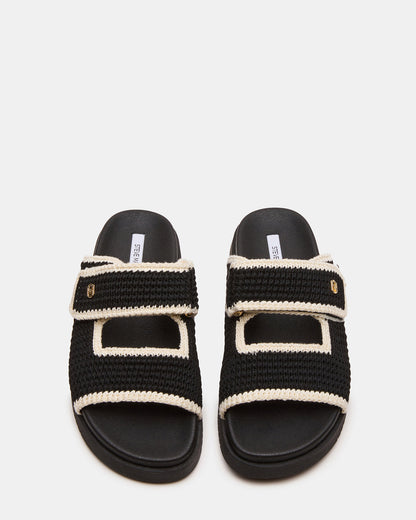 MAYSIE Black Multi Woven Flatform Footbed Slide Women's Sandal | Steve Madden