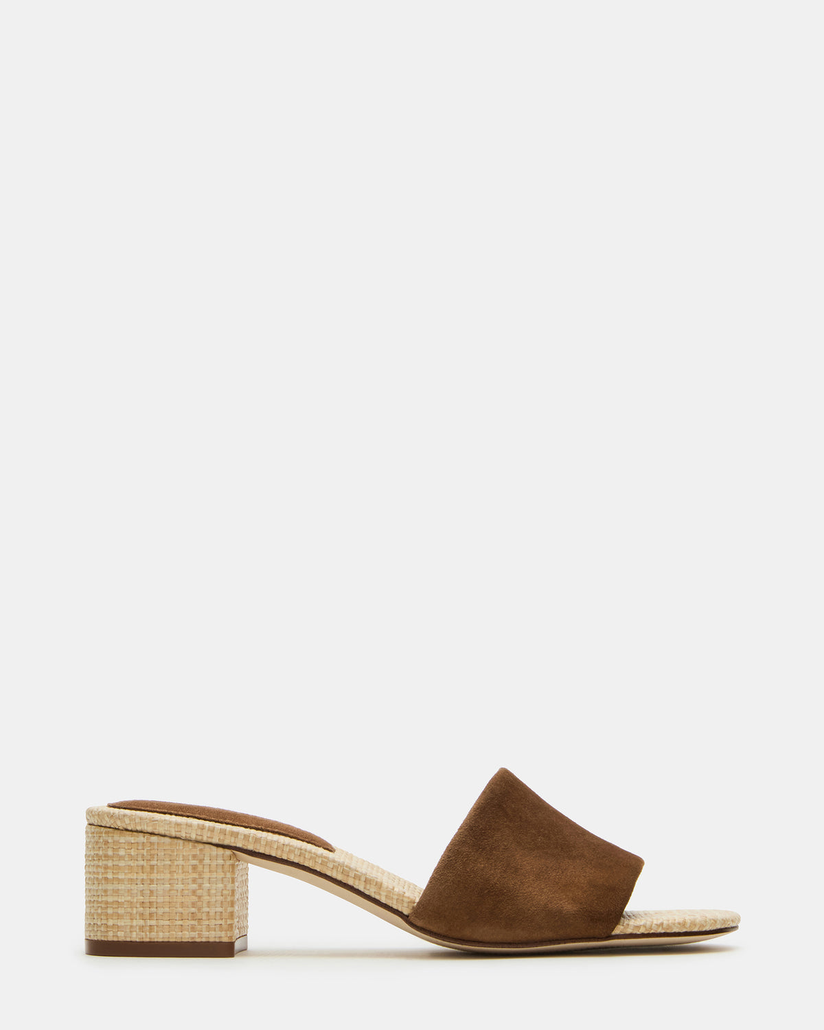HAILEE Chestnut Suede Women's Square-Toe Raffia Block Heel Mule Sandal | Steve Madden