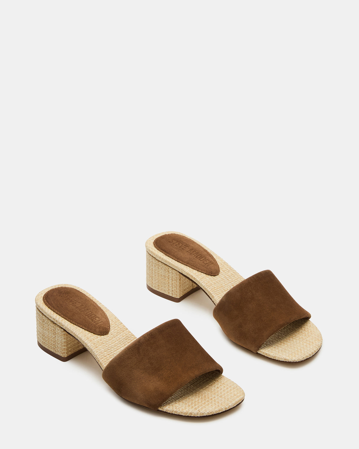 HAILEE Chestnut Suede Women's Square-Toe Raffia Block Heel Mule Sandal | Steve Madden